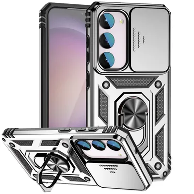 Obrázek produktu pro Pouzdro pro Samsung Galaxy S23 FE dvouvrstvé pouzdro s posuvným krytem kamery a prstencovým stojánkem Stříbro