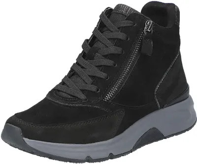 A single black high-top sneaker with a gray sole is shown against a white background.