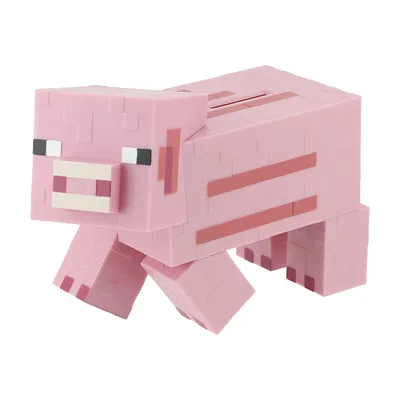 A pink Minecraft pig piggy bank is shown against a white background.