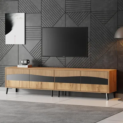 Obrázok produktu pre Merax TV skrinka 180 × 40 × 50 cm so 4 skrinkami a 8 nožičkami, TV skrinka pre televízory do 75 palcov, TV skrinka vo farbe dreva + čierna, moderný dizajn, ľahko sa čistí