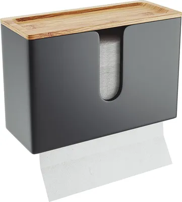 Produktbild von Famanu Handtuchspender aus Holz - Handtuchhalter für Wand und Tisch - natürliche Bambus-Optik - schwarz - C Z-gefaltet und Zwischenservietten