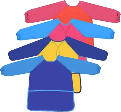 Immagine prodotto di Grembiule da pittura con maniche lunghe e 3 tasche, impermeabile, per bambini dai 3 ai 7 anni, ideale per la scuola, attività creative, cucina e alimentazione, confezione da 4 pezzi