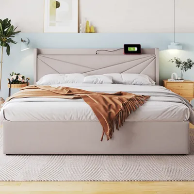 Produktbild von okwish Doppelbett Polsterbett 180x200cm, mit Bettkastenaufbewahrung, USB Typ-C Ladefunktion Kopfteil, mit Lattenrost, Heimbett, Jugendbett, Beige (ohne Matratze)