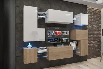 Produktbild von Furnitech Wohnwand Wohnzimmer - Wohnzimmer Möbel mit LED Blau - Hängend Wohnwand Modern - Regale und TV Schrank (Albania AN3N-21WS-HGM32-1C)