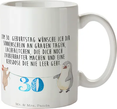 Produktbild von Mr. & Mrs. Panda Kaffeetasse 30. Geburtstag Maus Pinguin - Weiß - Geschenk, Trinkbecher, Kuchen, cappuccinotasse, Tasse, Feiern, Becher, Happy Birthday, Torte