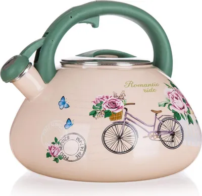 A cream-colored teapot with a floral and bicycle design, featuring green handle and spout.