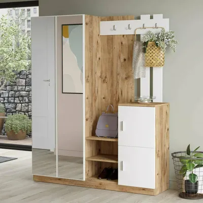 Produktbild von Eingangsmöbel Dgautier, Moderner Eingang, Wandgarderobe, Multifunktions-Aufbewahrungskonsole, 147x38h180 cm, Eiche und Weiß