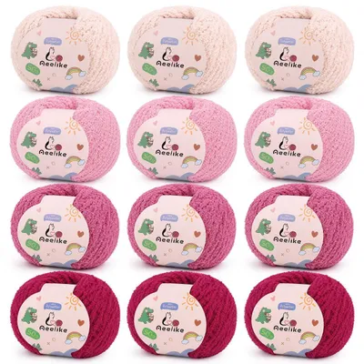 Image de Ensemble de 12 pelotes de fil chenille, rose, 5 mm d'épaisseur, dégradé de couleurs, fil à crochet, laine pour bébé, idéal pour le tricot