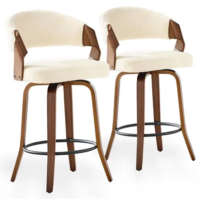 Produktbild von Drehbare Barhocker 2er Set im Mid-Century-Stil mit Bugholzrahmen, Polstersitz, 66 cm Sitzhöhe, Rückenlehne und Metallfußring, Creme
