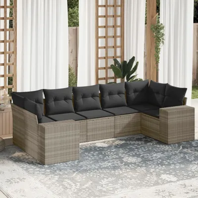 Produktbild von "2026 Promotion" 7-tlg. Garten-Sofagarnitur/Terrassenmöbel - mit Kissen - Hellgrau Poly Rattan - Gartenmöbelset CC12321