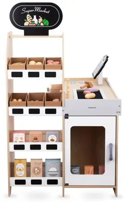 Obrázek produktu pro Velký dřevěný obchůdek – stánek na trhu a potraviny s pokladnou – XXL – Vzdělávací hračka – Montessori – Pro děti ve věku 3–6 let