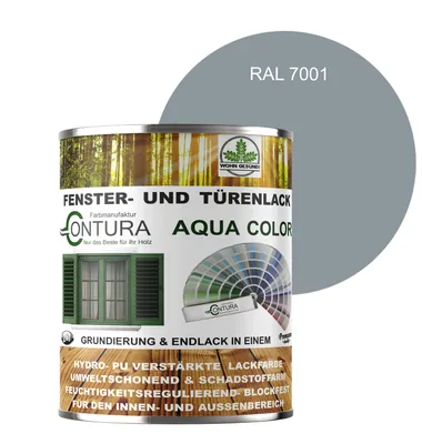 Produktbild von Contura 750ml Fenster und Türenlack Seidenmatt nach RAL 2in1 mit Pinsel Möbellack Innen und Außen Holzlack - RAL 7001 Silbergrau