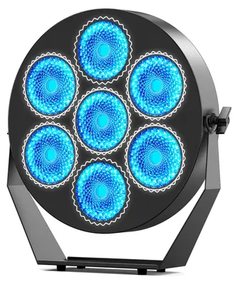 Produktbild von RGB LED Bühnenstrahler - 7x50W DMX512 PAR Scheinwerfer - 350W Leistung - Strobe Und Retro Lichteffekt - Sound, Auto, Master-Slave - 13/37 DMX-Kanäle - EU Stecker