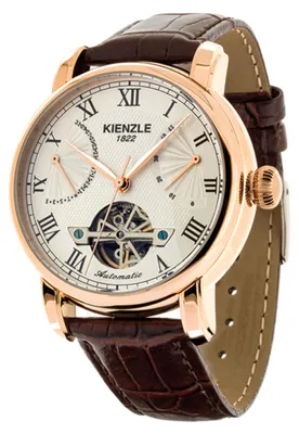 Produktbild von Kienzle Automatik Herrenarmbanduhr 42 mm roségoldfarben, Sichtbares Uhrwerk, Gangreserve, Datum, Guillochiertes weißes Zifferblatt, Braunes Lederband