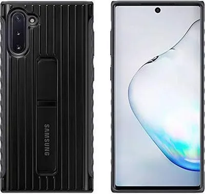 A black Samsung phone case with a kickstand is shown next to a Samsung Galaxy Note 10 smartphone.