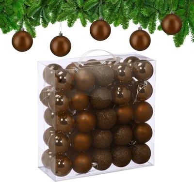 Produktbild von Relaxdays Weihnachtskugeln im 50er Set, Kunststoff, D: 6 cm, runde Weihnachtsbaumdeko, Baumschmuck bruchsicher, braun