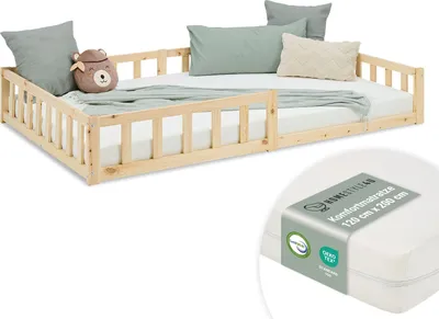 Image de Lit D'Enfant 120x200 cm avec Matelas Lit Montessori avec Barriere en Bois Naturelle Lit au Sol Bebe Lit Bas Lit Simple