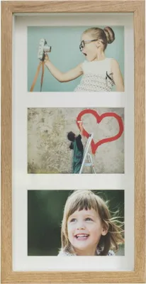 A multi-photo frame with three pictures of children and a heart drawing.