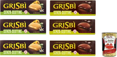 Produktbild von Testpaket Vicenzi Grisbì gluten frei kekse Mürbeteiggebäck, gefüllt mit weicher Zitrone und Schokolade creme 7x 150 g + italian Gourmet polpa 400g