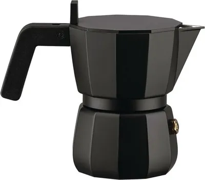 A black moka pot on a white background.
