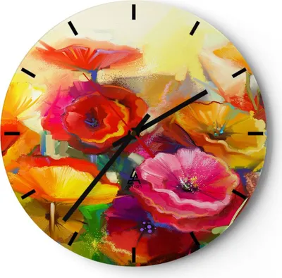 Produktbild von Wanduhr - Rund - Glasuhr - Blumen Frühling Flora Garten - 30x30cm - Schleichendes Uhrwerk - Lautlos - zum Aufhängen bereit - Dekoration Modern - Wanddekoration aus Glas - C3AR30x30-2877