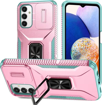 Produktbild von Handyhülle für Samsung Galaxy A14 5G 4G Dual Layer Hülle mit Schiebe Kamera Schutz und Ringhalter Ständer Pink