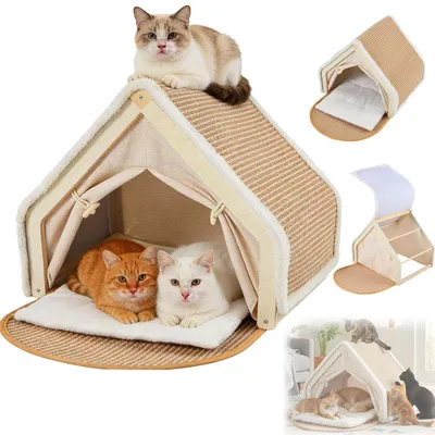 Produktbild von Katzenzelt mit Kratzbrett 2-in-1 Holz 50 x 40 x 40 cm Waschbares Kissen
