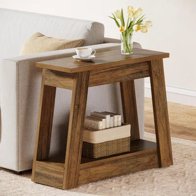 Immagine prodotto di Tavolino in legno Tribesigns, tavolino con 2 ripiani, stile rustico, comodino stretto per soggiorno e camera da letto