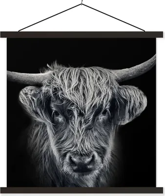Produktbild von MuchoWow® Textilposter Schottisches Hochlandrind - Schwarz - Kuh - Tiere 120x120 cm mit schwarzem Rahmen - Aufhängungsset