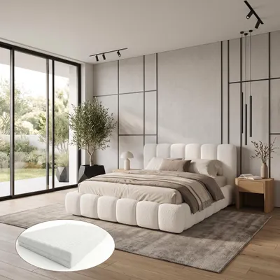 Produktbild von Ankado Polsterbett 200x200 cm - mit Matratze H3/H4 20 cm - Metall-Lattenrost - Bettkasten - Bouclé-Stoff Quelle 01 Weiß