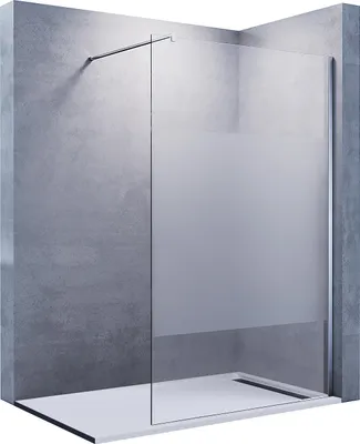 A modern shower enclosure with a frosted glass panel, installed in a bathroom with concrete-effect walls.