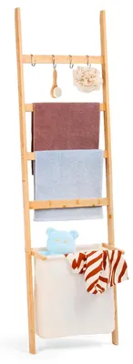 Image de Porte-serviettes en bambou avec panier à linge, 4 crochets, 170 x 43 cm, autoportant, pour salle de bain