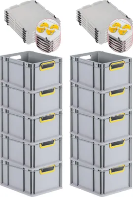 Produktbild von SparSet 10x Eurobox NextGen Color mit Auflagedeckel und Schiebeschnappverschlüsse | HxBxT 22x30x40cm | 20 Liter | Grau | Griffe gelb offen | Glatter Boden | Eurobehälter, Transportbox, Transportbehälter, Stapelbehälter