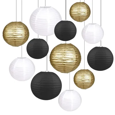 Papierlampions Set 15-tlg., Schwarz-Weiß-Gold, rund