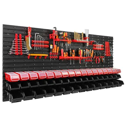 Produktbild von 48 Stapelboxen Wandregal Kunststoff Deckel 172 x 78 cm Werkzeughalter Werkstatt Garage  Lagersystem Sichtlagerkästen Schütte