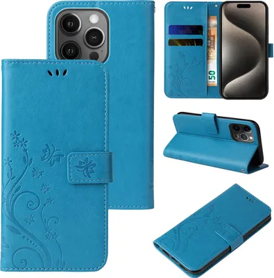 Produktbild von Handyhülle für Apple iPhone 15 Pro Floral Blumen Schmetterling Flip Cover Hülle Case Klapphülle Handytasche Farbe: Blau