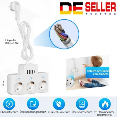 Produktbild von Steckdosenleiste einzeln schaltbar Mehrfachstecker Mehrfachsteckdose mit USB