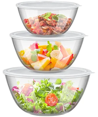 Image de Ensemble de 3 bols en verre avec couvercles, grands bols ronds à salade (4,5 l, 2,7 l, 1,1 l) en verre borosilicaté, bols empilables avec couvercles, idéaux pour la cuisson, la pâtisserie et la préparation des aliments, adaptés au micro-ondes