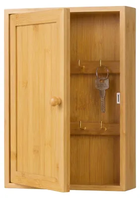 Produktbild von Schlüsselbox aus Bambus mit 8 Haken, Design B, 27 x 19,5 x 6 cm, für Flur und Wand in Naturfarbe