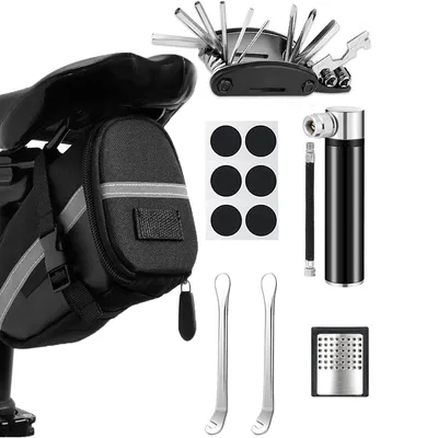 Produktbild von Fahrrad Reparaturset mit Satteltasche, 16-in-1 Multifunktionswerkzeug & 120 PSI Mini-Luftpumpe, tragbares Notfall-Flickset für Fahrrad & Mountainbike