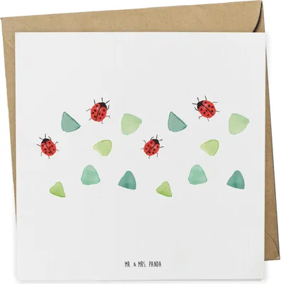 Produktbild von Mr. & Mrs. Panda Grußkarte Marienkäfer Design - Weiß - Geschenk, faltkarte, Niedlich, Aquarell, Grüne Punkte, Muster, Glückwunschkarte, doppelkarte, Verspielt, Klappkarte
