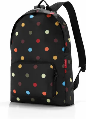 A black backpack with colorful polka dots.
