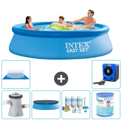Produktbild von Intex runder aufblasbarer Easy Set-Schwimmpool – 305 x 76 cm – Blau – inklusive Pumpe Abdeckung - Wartungspaket - Filter - Bodenplane - Wärmepumpe