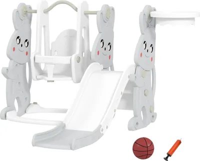 Immagine prodotto di Scivolo 4 in 1 per bambini con altalena, struttura per arrampicata, canestro da basket, parco giochi per bambini con design a coniglio Scivolo per bambini per interni ed esterni di 1,5-4 anni Grigio Aosom