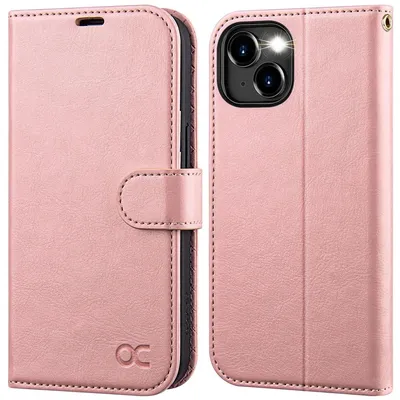 Immagine prodotto di Custodia per iPhone 15 - Portafoglio in ecopelle con blocco RFID - Rosa