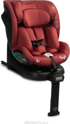 A red and black child car seat is shown against a white background.