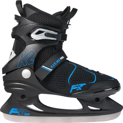 A black and blue K2 ice skate is shown against a white background.