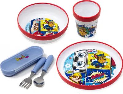 Produktbild von Paw Patrol Kindergeschirr Set rutschfest mit Kinderbesteck BPA frei - 5-teiliges Paw Patrol Geschirrset - Kinder & Baby Geschirr Set mit Besteck