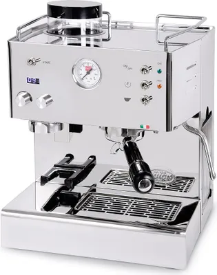 Close-up of a chrome espresso machine.
