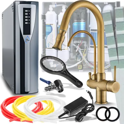 Produktbild von Wasserfiltersystem Set ARI PARMA mit 3-Wege Küchenarmatur, Sensor, Herausziehbare Brause, 360° schwenkbar, Gold